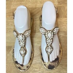 Sam Edelman Womens Size 6.5 Gold/White Stone Embellished ‘Ross’ Toe Post Sandals